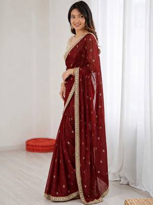 Maroon floral mirror work pure chiffon tussar saree 3