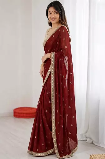 Maroon floral mirror work pure chiffon tussar saree
