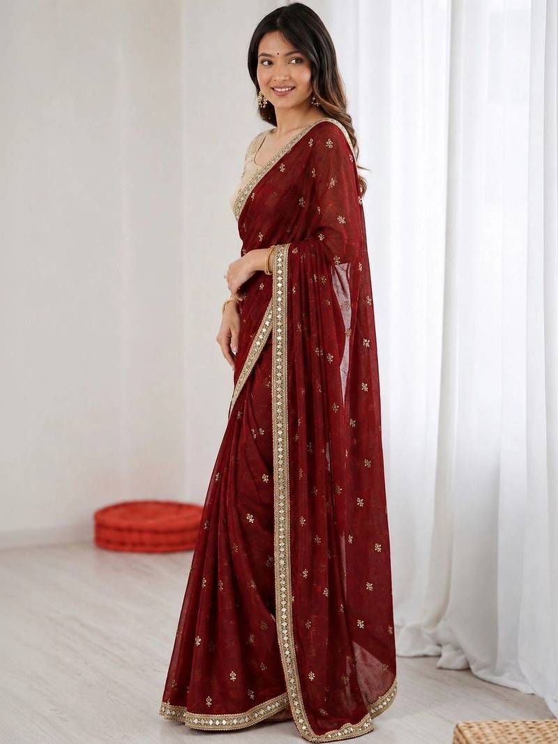 Maroon floral mirror work pure chiffon tussar saree