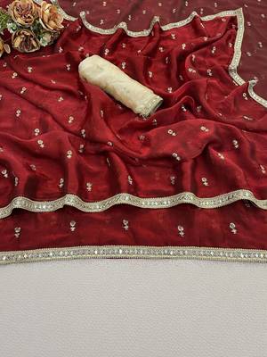 Maroon floral mirror work pure chiffon tussar saree 4