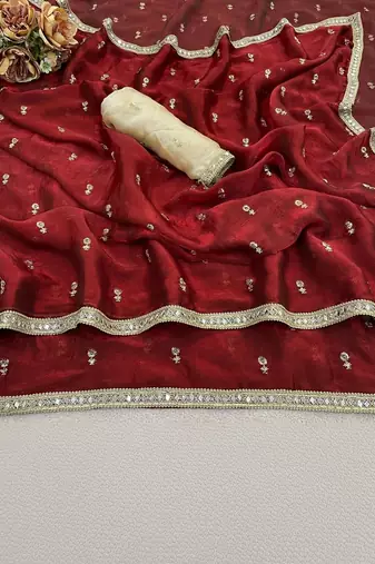 Maroon floral mirror work pure chiffon tussar saree