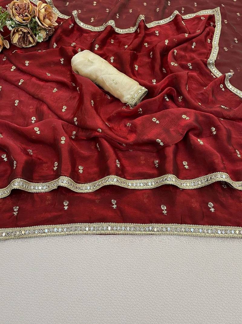 Maroon floral mirror work pure chiffon tussar saree