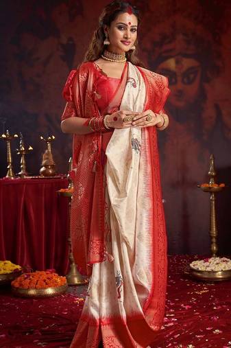off_white woven design zari satin silk baluchari saree