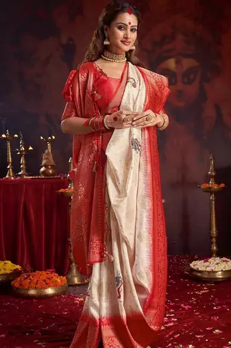 off_white woven design zari satin silk baluchari saree