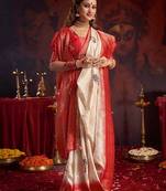 off_white woven design zari satin silk baluchari saree