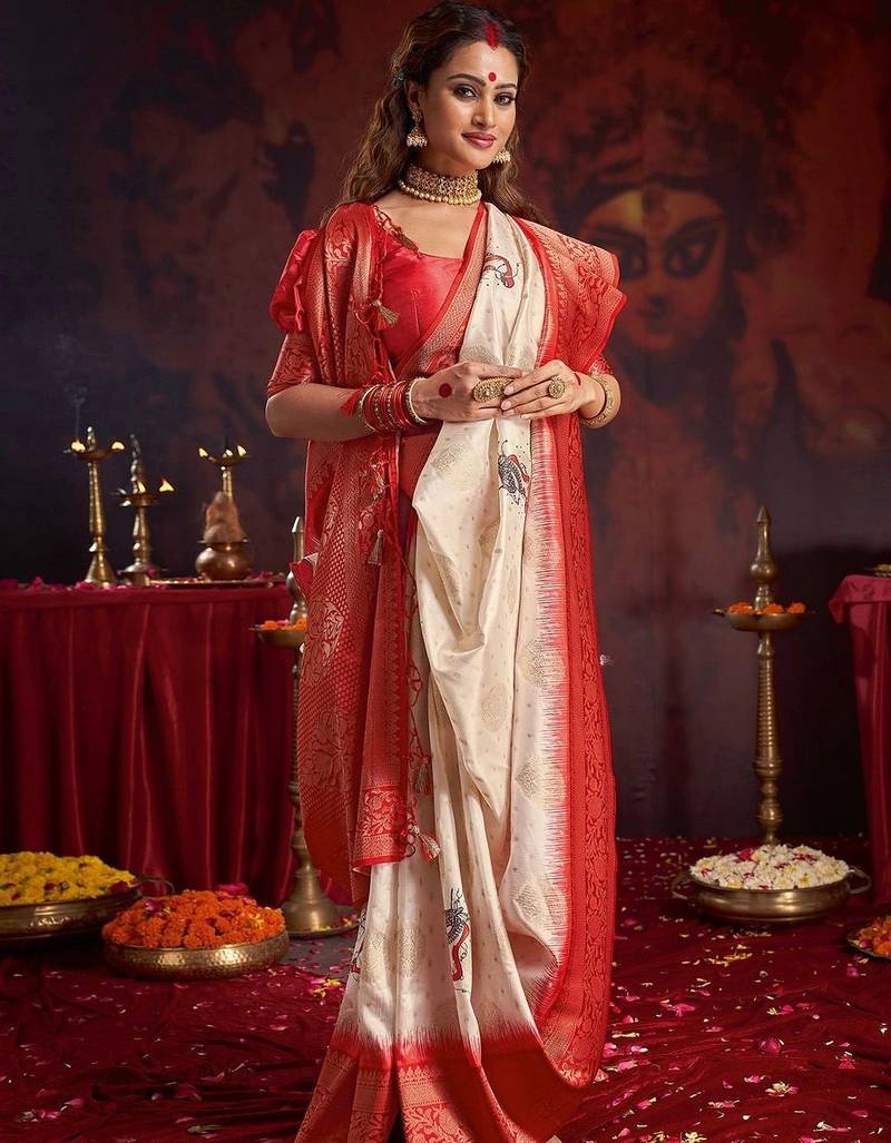 off_white woven design zari satin silk baluchari saree