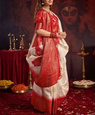 off_white woven design zari satin silk baluchari saree 2