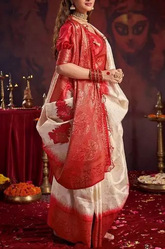 off_white woven design zari satin silk baluchari saree