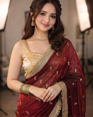 Maroon floral zari pure chiffon tussar saree 1