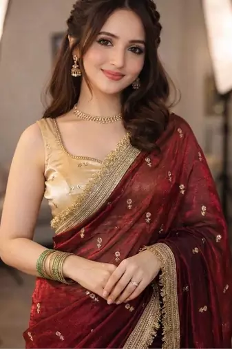 Maroon floral zari pure chiffon tussar saree