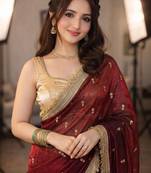 Maroon floral zari pure chiffon tussar saree