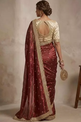Maroon floral zari pure chiffon tussar saree