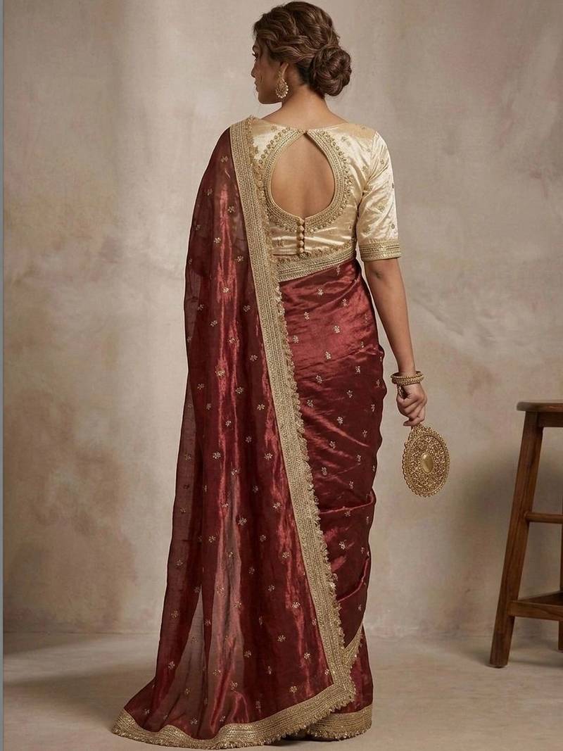 Maroon floral zari pure chiffon tussar saree