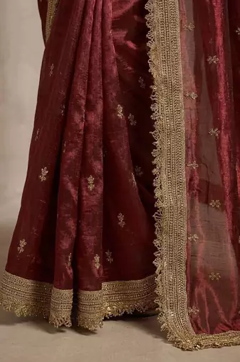Maroon floral zari pure chiffon tussar saree