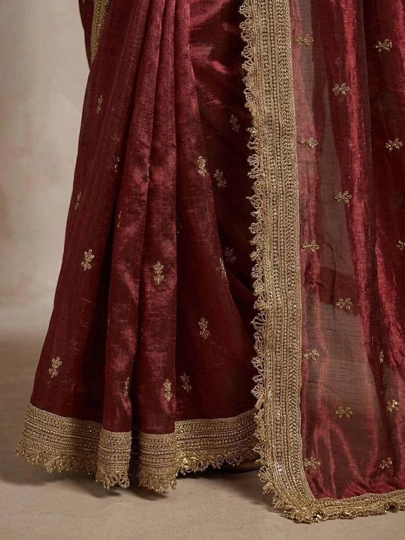 Maroon floral zari pure chiffon tussar saree