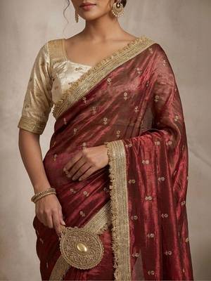 Maroon floral zari pure chiffon tussar saree 4