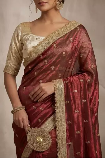 Maroon floral zari pure chiffon tussar saree