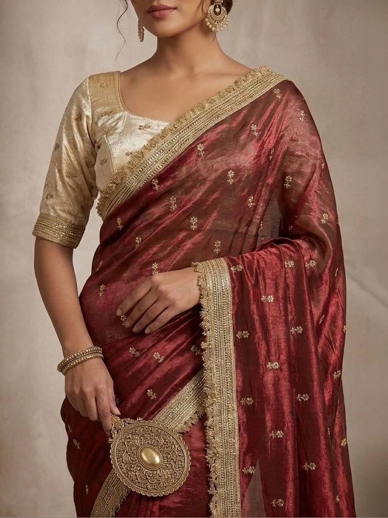 Maroon floral zari pure chiffon tussar saree