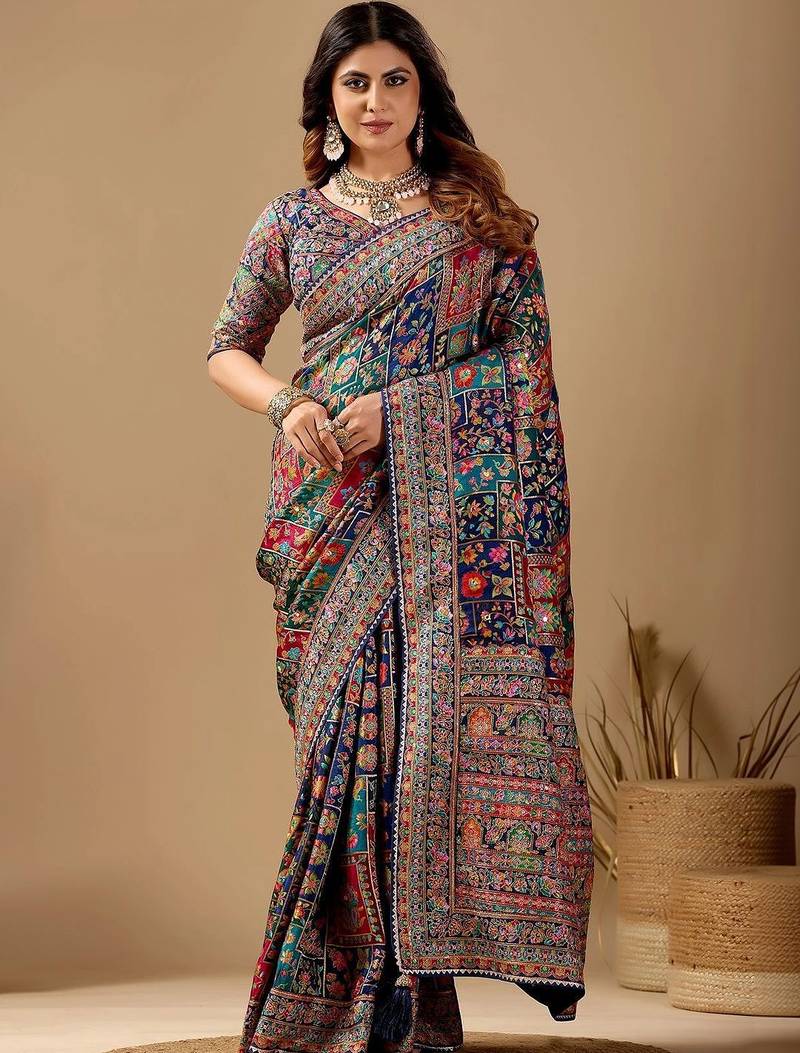 multicolor paisley embroidered silk blend designer banarasi saree
