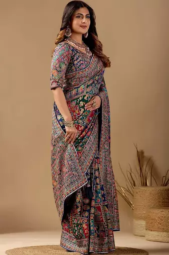 multicolor paisley embroidered silk blend designer banarasi saree