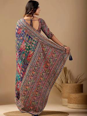 multicolor paisley embroidered silk blend designer banarasi saree 3