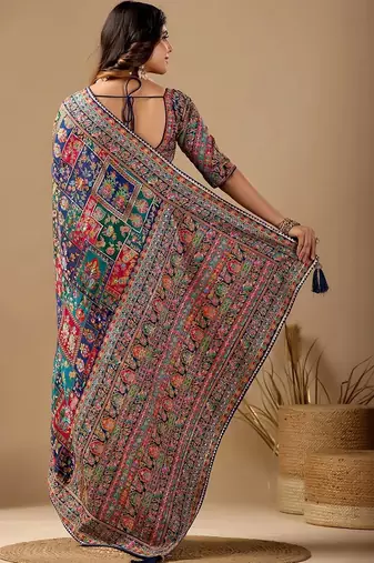 multicolor paisley embroidered silk blend designer banarasi saree