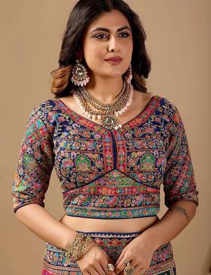 multicolor paisley embroidered silk blend designer banarasi saree 4