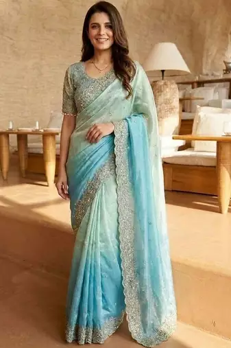 blue ombre zari satin saree