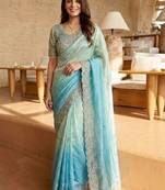 blue ombre zari satin saree