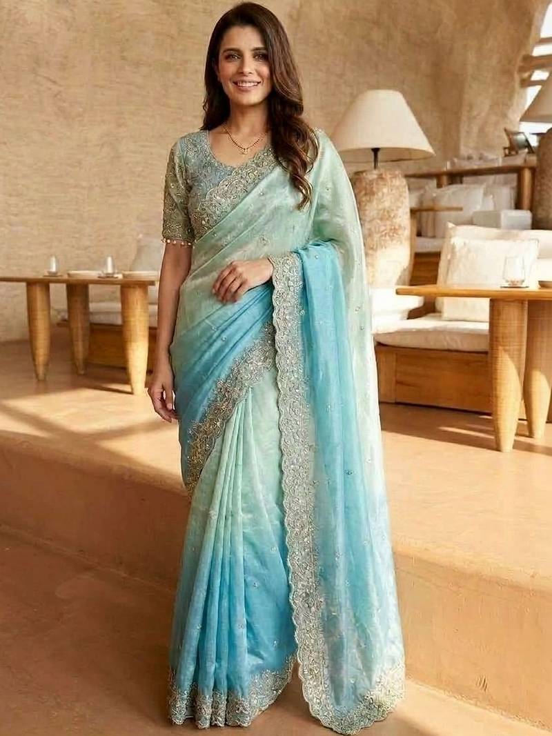 blue ombre zari satin saree