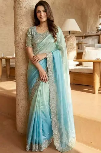 blue ombre zari satin saree