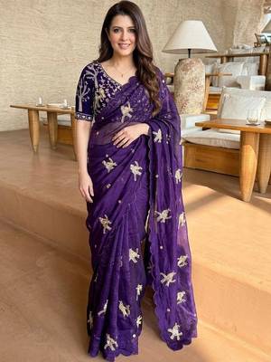 purple ethnic motifs embroidered satin saree 1