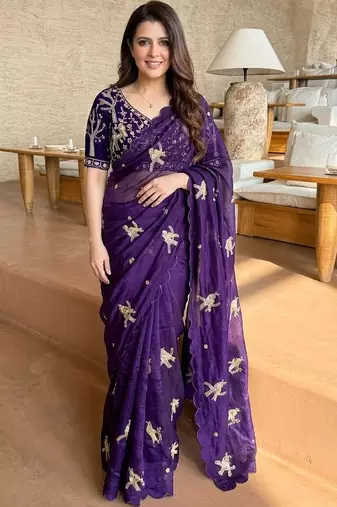 purple ethnic motifs embroidered satin saree