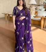 purple ethnic motifs embroidered satin saree