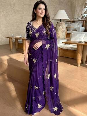 purple ethnic motifs embroidered satin saree 2