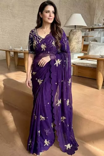 purple ethnic motifs embroidered satin saree