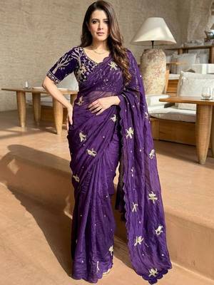 purple ethnic motifs embroidered satin saree 3