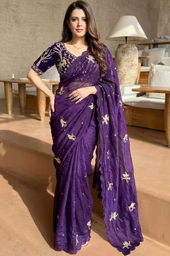 purple ethnic motifs embroidered satin saree