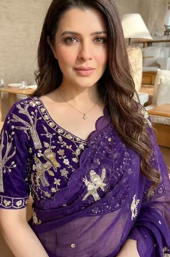purple ethnic motifs embroidered satin saree