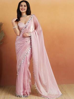 Pink solid organza fabric ready to wear saree 1