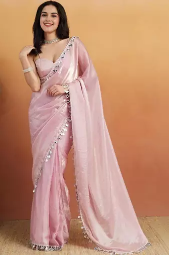 Pink solid organza fabric ready to wear saree