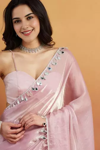Pink solid organza fabric ready to wear saree
