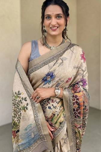 beige kalamkari hand printed with beautiful hand crafted katha work saree