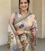 beige kalamkari hand printed with beautiful hand crafted katha work saree
