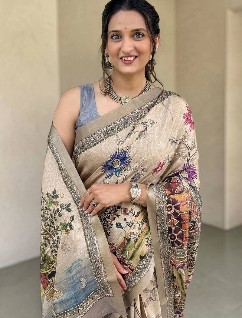 beige kalamkari hand printed with beautiful hand crafted katha work saree