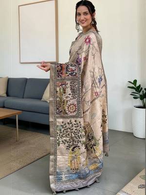 beige kalamkari hand printed with beautiful hand crafted katha work saree 2