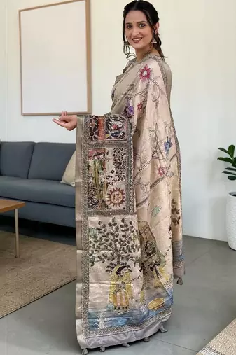beige kalamkari hand printed with beautiful hand crafted katha work saree