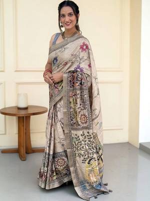 beige kalamkari hand printed with beautiful hand crafted katha work saree 3