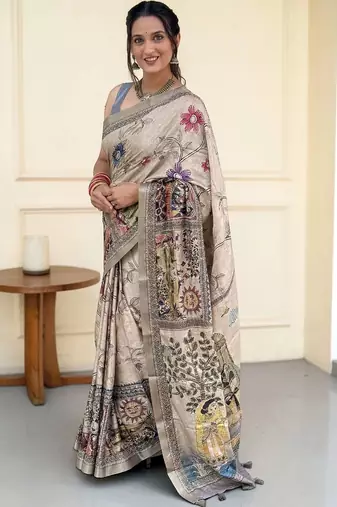 beige kalamkari hand printed with beautiful hand crafted katha work saree