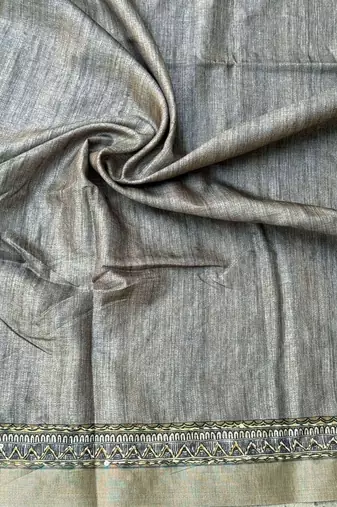beige kalamkari hand printed with beautiful hand crafted katha work saree